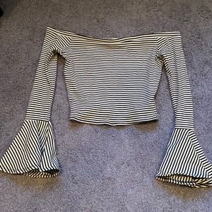 Black and white striped off the shoulder flared arms crop top shirt